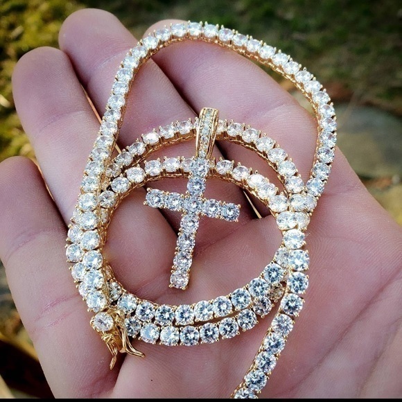 14K ICED OUT TENNIS CHAIN AND CROSS PENDANT FULLY ICED OUT - Picture 1 of 6